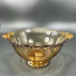 Vintage Gadroon Edges Amber Glass Footed Dish Bowl Container With Handles VTG